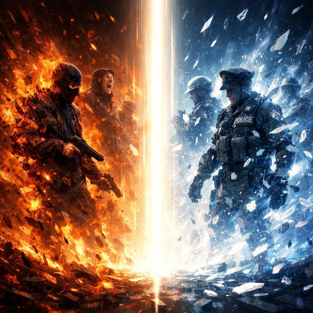 Armed police officers on fiery side facing riot police on icy side separated by glowing light