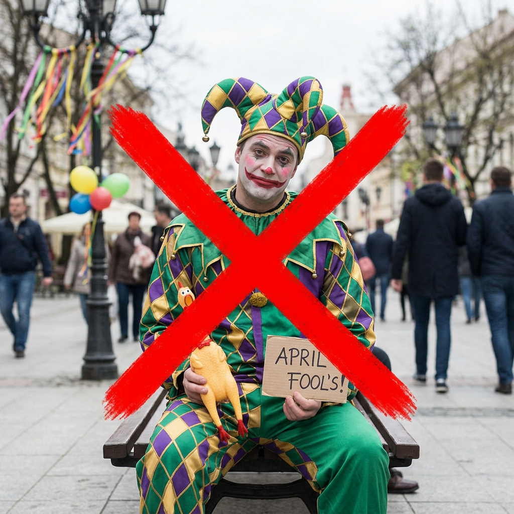 Jester in colorful costume holding rubber chicken and April Fool's sign with red X over image