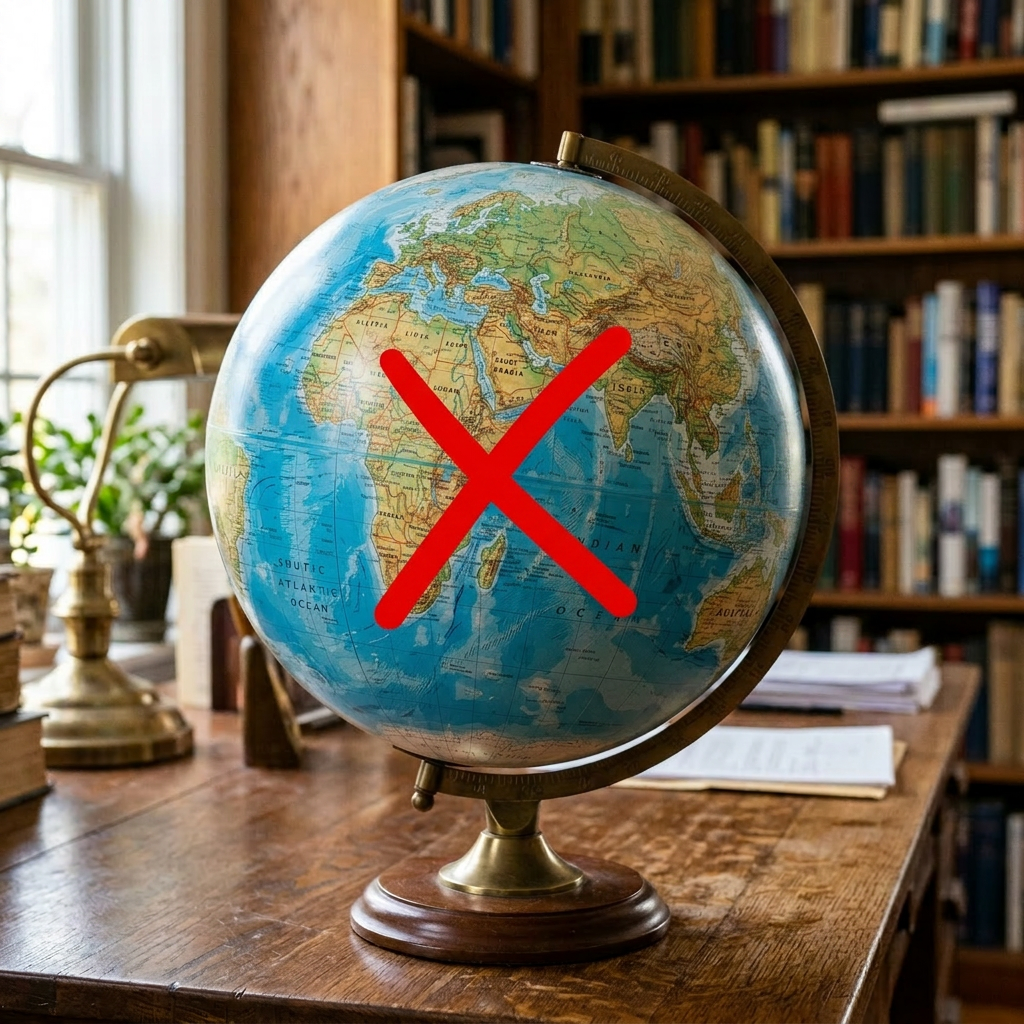 Classic globe on wooden desk showing Africa, Middle East, and Asia with red diagonal line
