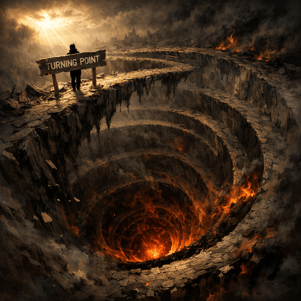 A person holding a 'TURNING POINT' sign overlooking a spiral abyss filled with fire and smoke