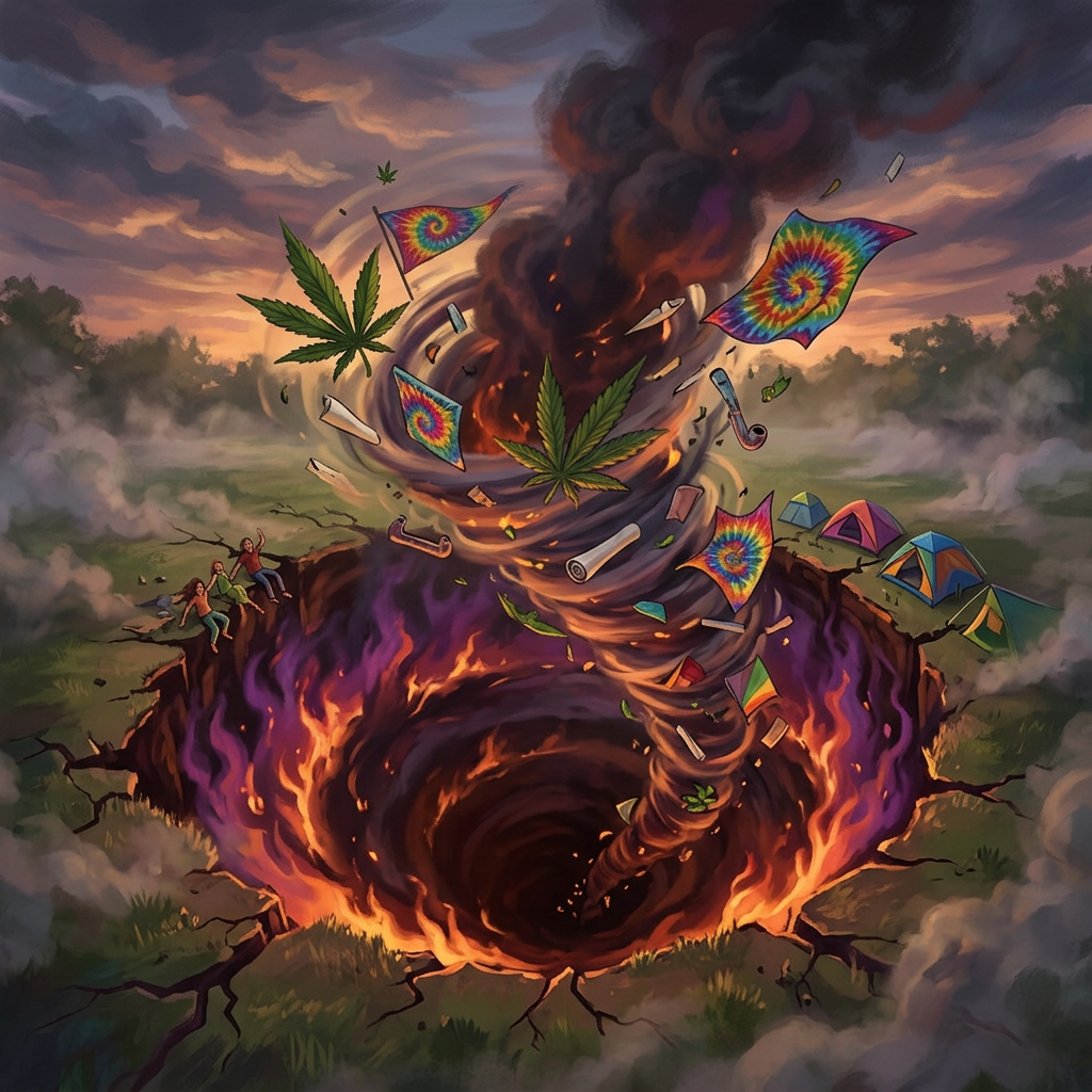 Fiery vortex lifting tie-dye flags, cannabis leaves, and smoking paraphernalia above a campsite with tents and people nearby