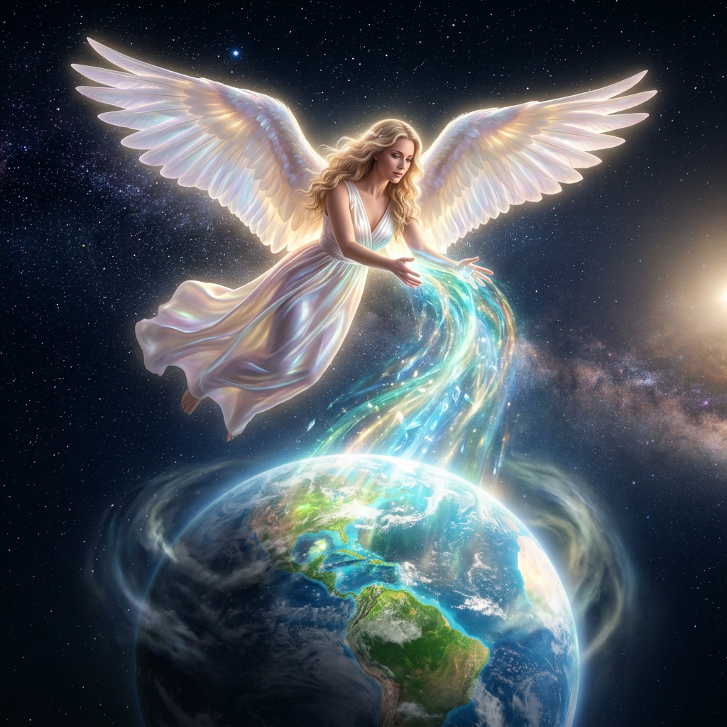 Angel with glowing wings sprinkling shimmering stardust onto Earth in space