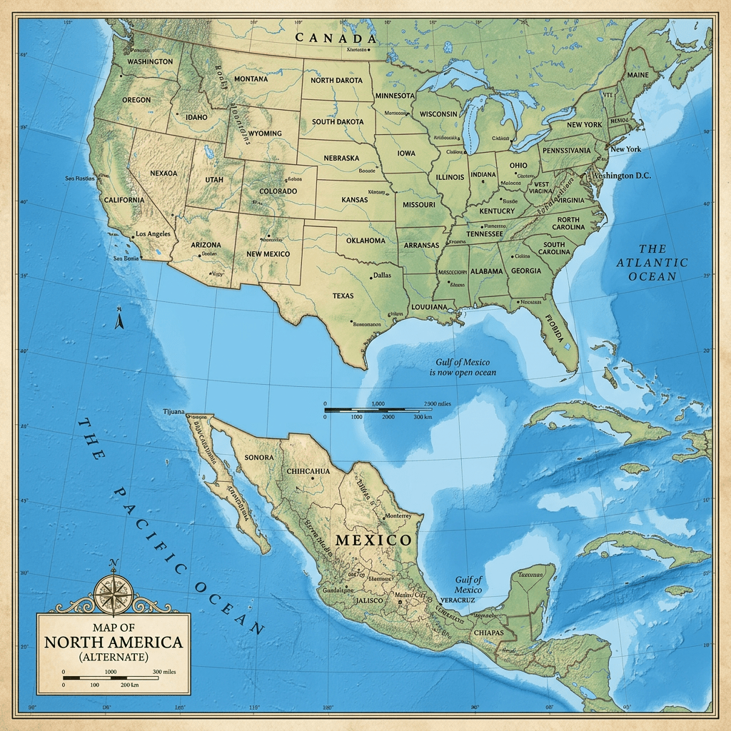 Map showing U.S. states, Mexican states, and surrounding oceans with geographic labels