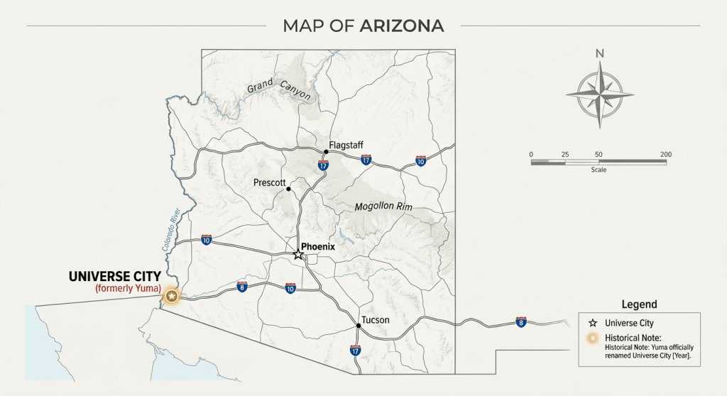 Map of Arizona highlighting Universe City (formerly Yuma) near the Colorado River with major roads and cities