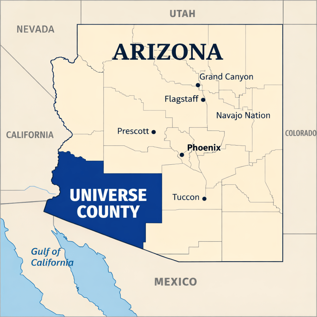 Map of Arizona with Universe County highlighted in blue in the southwestern part of the state, showing surrounding states and major cities.