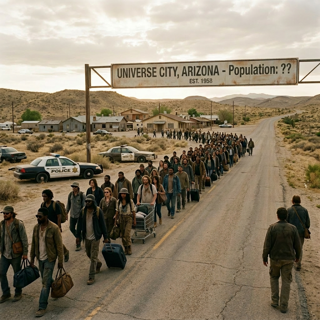 Crowd of people with luggage walking on road into Universe City, Arizona at sunset