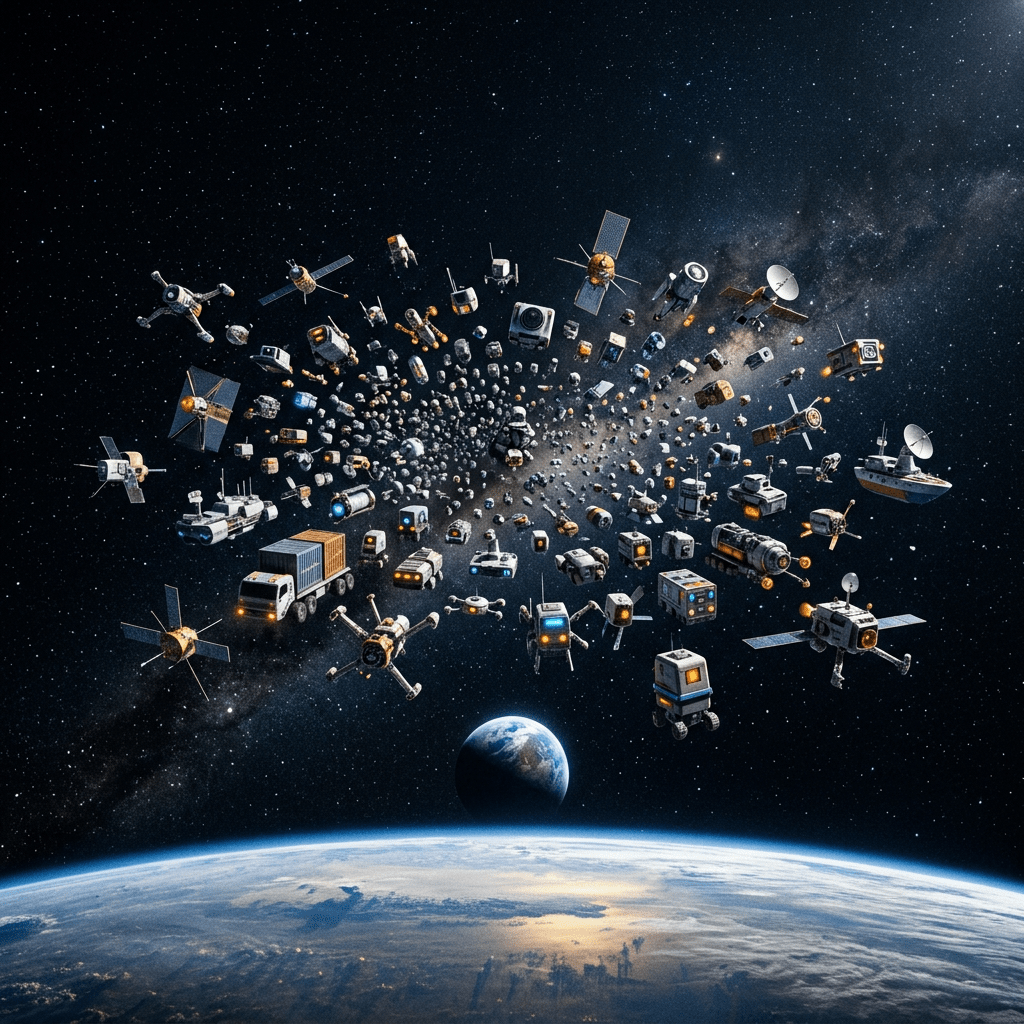 Numerous space probes and satellites orbiting Earth against a backdrop of stars and the Milky Way