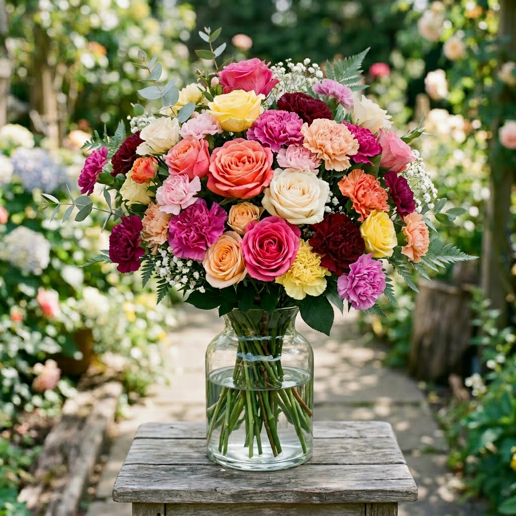 Bride holding a vibrant bouquet of mixed roses and carnations with greenery