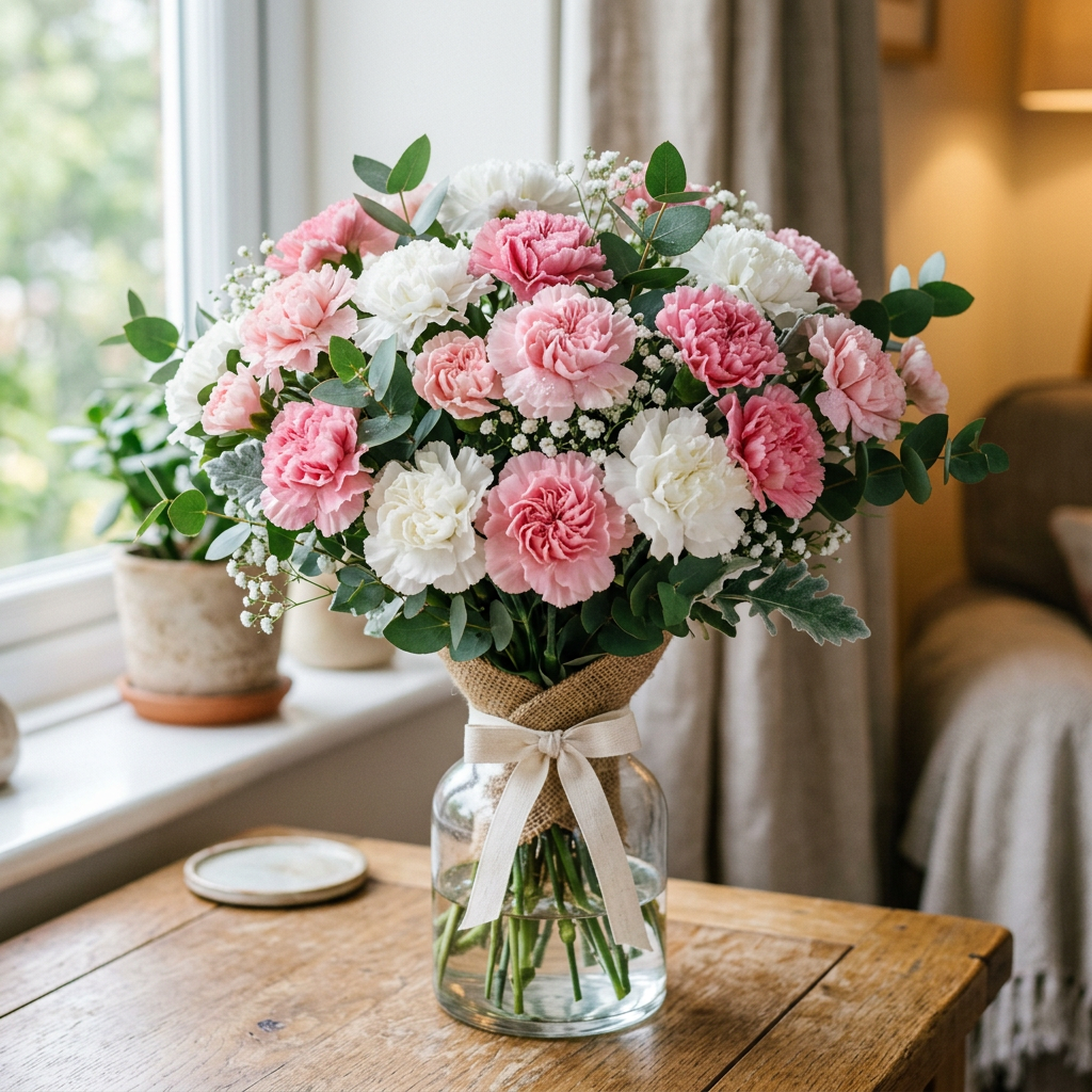 Bouquet of pink and white carnations with green leaves in a glass vase tied with a beige ribbon.