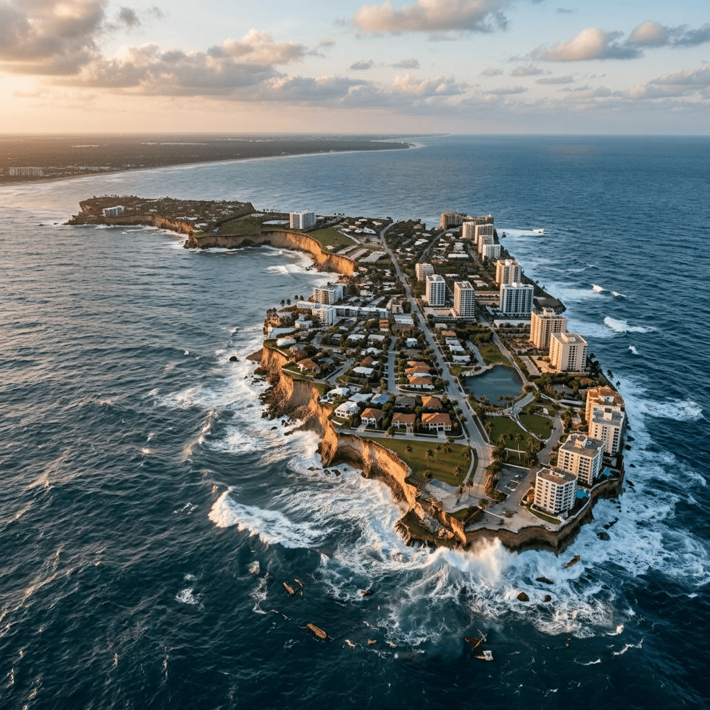 A coastal residential area with multiple buildings and houses on cliffs surrounded by ocean waves